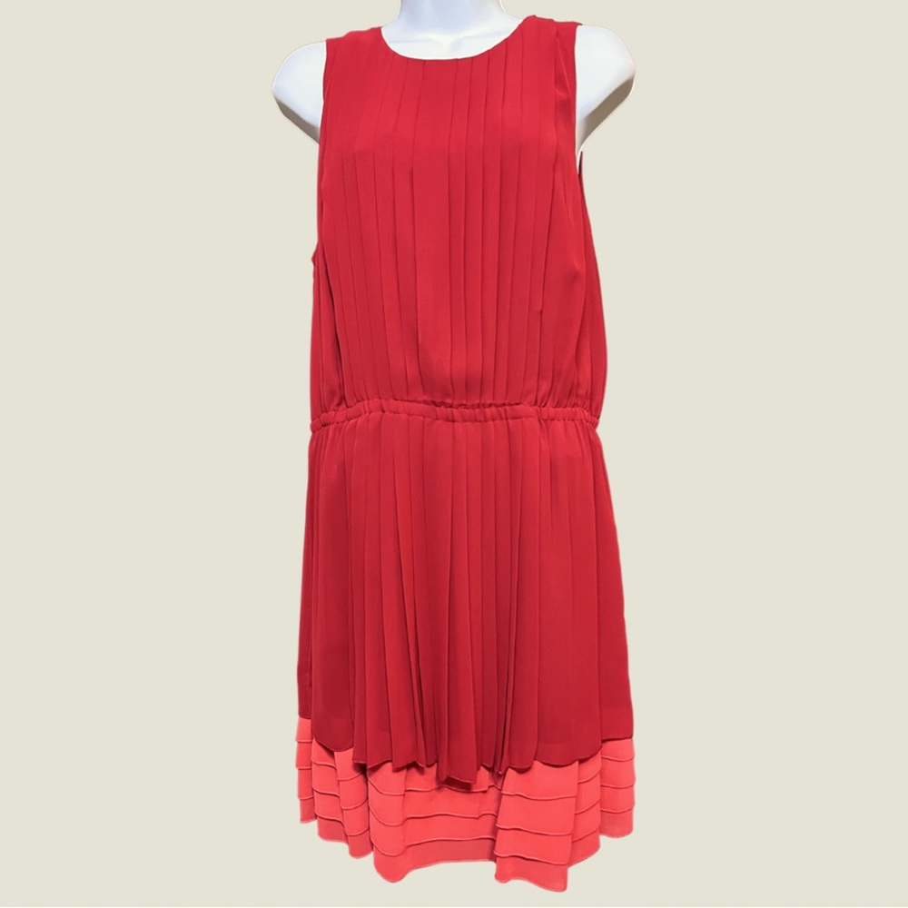 INC International Concepts Sleeveless Red & Coral Pleated MIDI Dress Size L.